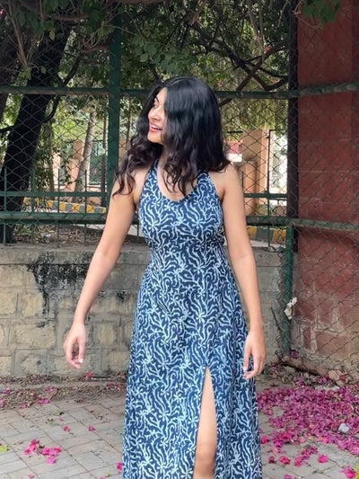 Aavya Blue and White Handblock Printed Halter Neck Dress