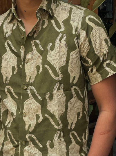 Olive Green Tiger Motif Handblock Printed Shirt