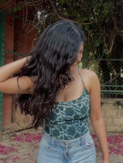 Kiara Green Ajrakh Printed Criss-Cross Back Top