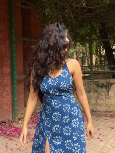 Aranya Blue and White Handblock Printed Halter Neck Dress