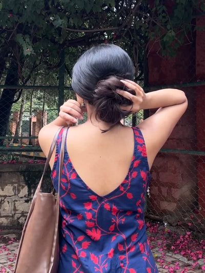 Iraaya Navy Blue Floral Handblock Printed Flowy Dress