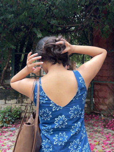 Aranya Blue and White Handblock Printed Flowy Dress