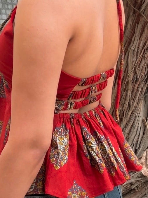 Aanya Red Halter Neck Drawstring Top