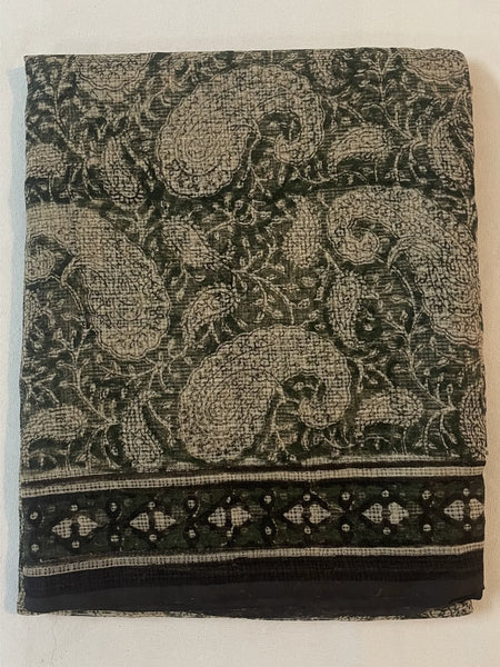Hunter Green Kota Doria Hand Block Printed Unstitched Suit Set