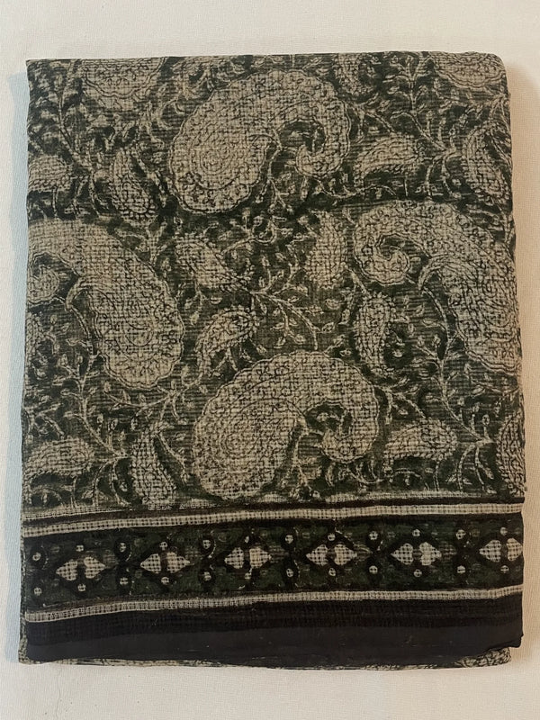 Hunter Green Kota Doria Hand Block Printed Unstitched Suit Set