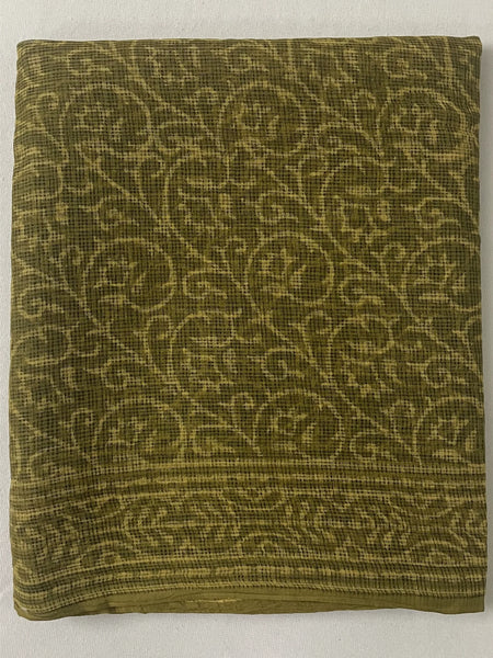 Olive Yellow Kota Doria Hand Block Printed Unstitched Suit Set