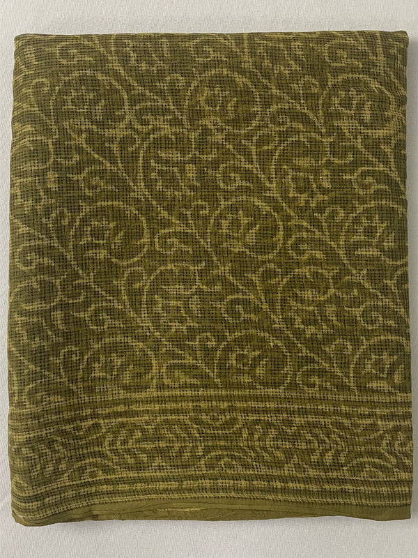 Olive Yellow Kota Doria Hand Block Printed Unstitched Suit Set