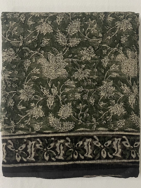 Hunter Green Kota Doria Flower Hand Block Printed Unstitched Suit Set