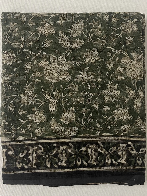 Hunter Green Kota Doria Flower Hand Block Printed Unstitched Suit Set
