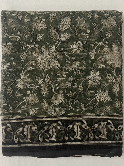 Hunter Green Kota Doria Flower Hand Block Printed Unstitched Suit Set