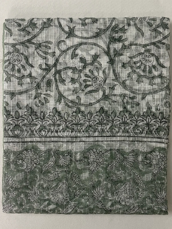 Pista Green Kota Doria Hand Block Printed Unstitched Suit Set