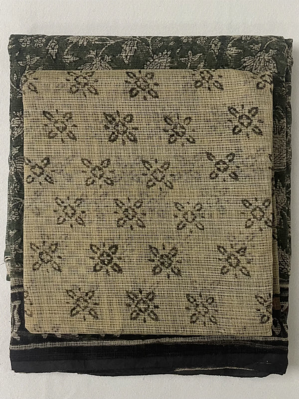 Hunter Green Kota Doria Flower Hand Block Printed Unstitched Suit Set