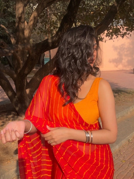 Red and Yellow Leheriya Chiffon Saree