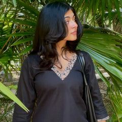 Kavya Black Kalamkari V- Neck Short Kurti
