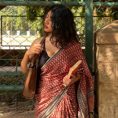 Laal Bagru Gadh Hand Block Printed Mul Cotton Saree
