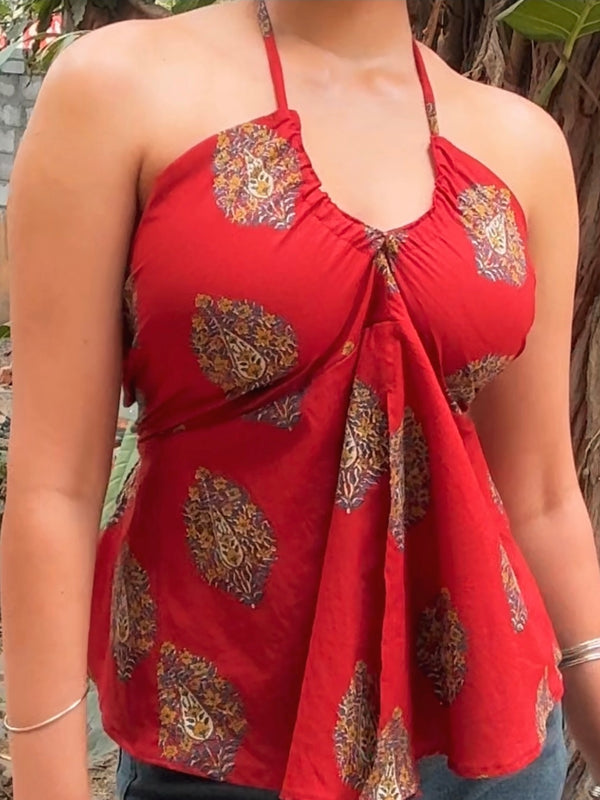 Aanya Red Halter Neck Drawstring Top