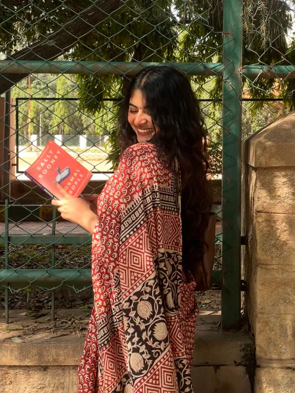 Laal Bagru Gadh Hand Block Printed Mul Cotton Saree