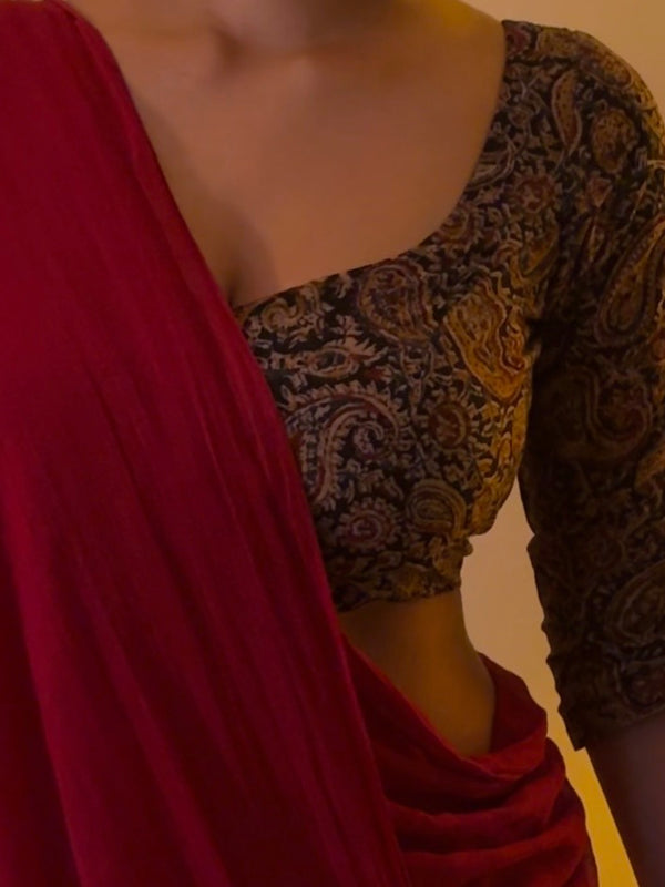 Leela Kalamkari Leaf Neck Blouse With Elbow Length Sleeves