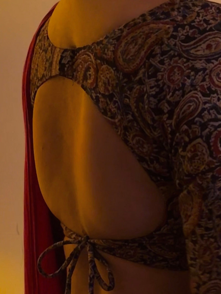 Leela Kalamkari Leaf Neck Blouse With Elbow Length Sleeves