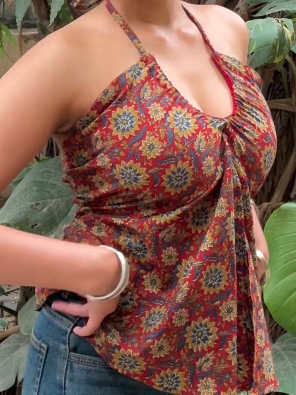 Kaira Red Halter Neck Drawstring Top