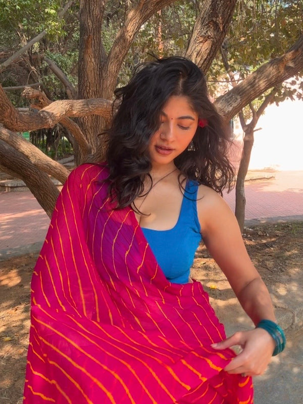 Ivaanya Pink Leheriya Chiffon Saree