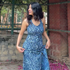 Aavya Blue and White Handblock Printed Halter Neck Dress