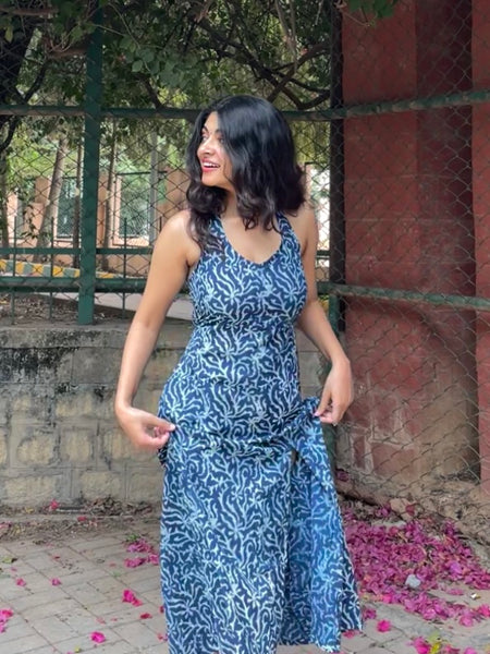 Aavya Blue and White Handblock Printed Halter Neck Dress