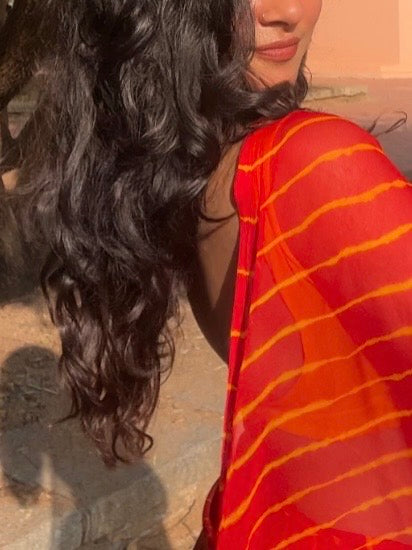 Red and Yellow Leheriya Chiffon Saree