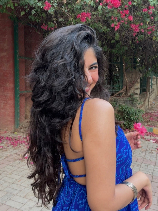 Mira Blue Bandhani Flowy Tie Back Top