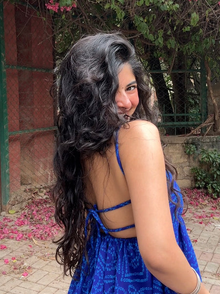 Mira Blue Bandhani Flowy Tie Back Top