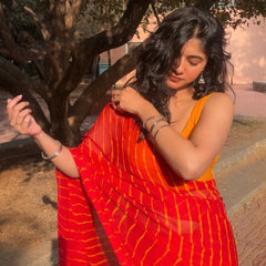 Red and Yellow Leheriya Chiffon Saree