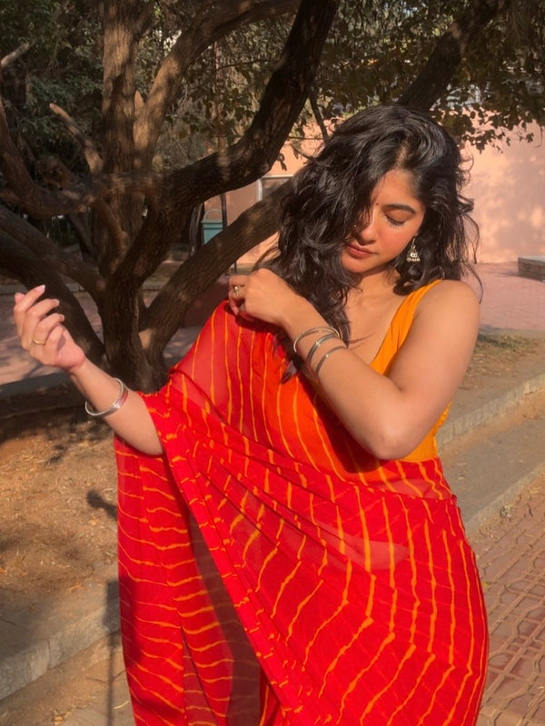 Red and Yellow Leheriya Chiffon Saree