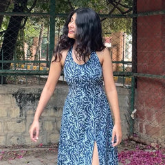 Aavya Blue and White Handblock Printed Halter Neck Dress