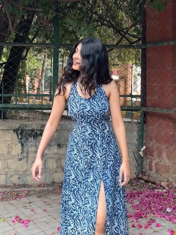 Aavya Blue and White Handblock Printed Halter Neck Dress