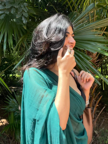 Bottle Green Handwoven Mul Mul Cotton Saree With Tassels