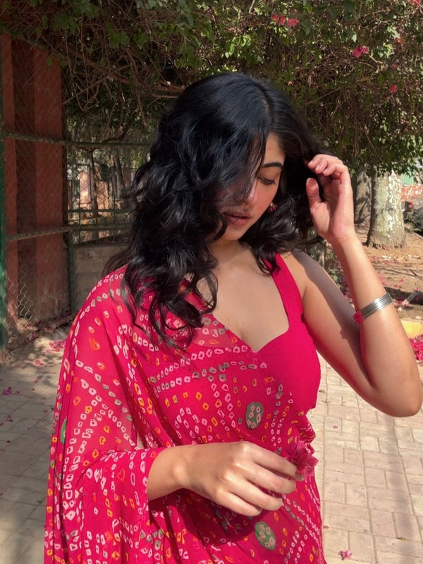 Pink Bandhani Chiffon Saree