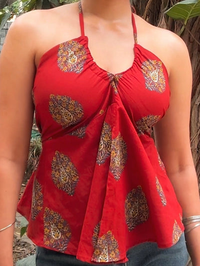 Aanya Red Halter Neck Drawstring Top