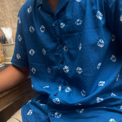 Cuban Collar French Blue Bandhani Printed Shirt