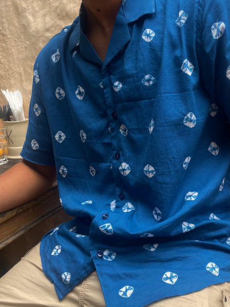 Cuban Collar French Blue Bandhani Printed Shirt