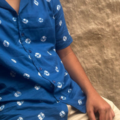 Cuban Collar French Blue Bandhani Printed Shirt