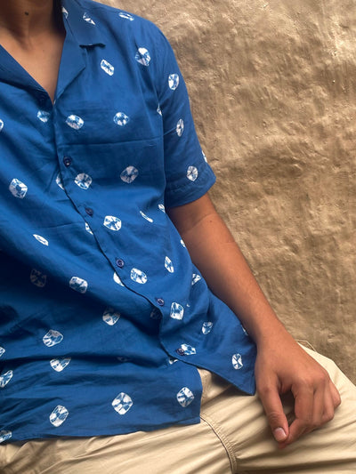 Cuban Collar French Blue Bandhani Printed Shirt