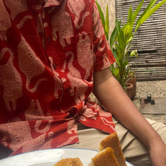 Red Tiger Motif Handblock Printed Shirt