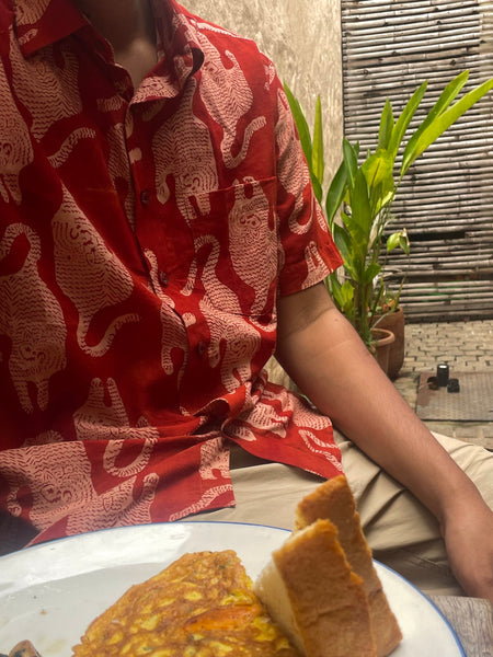 Red Tiger Motif Handblock Printed Shirt