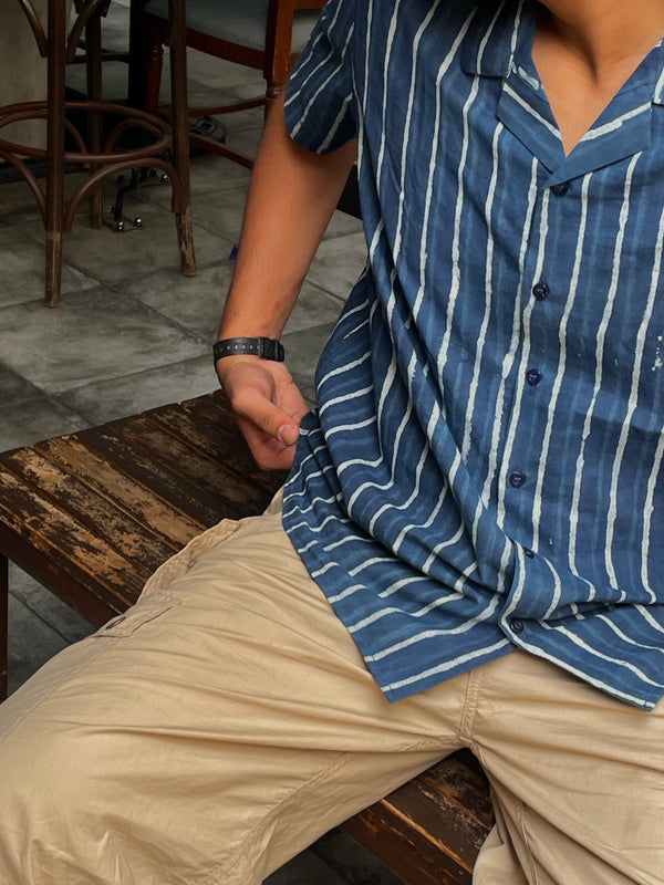 Classic Indigo Striped Handblock Printed Shirt