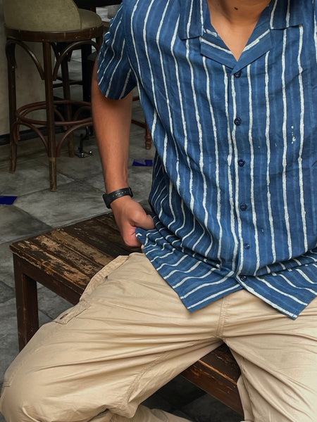 Classic Indigo Striped Handblock Printed Shirt