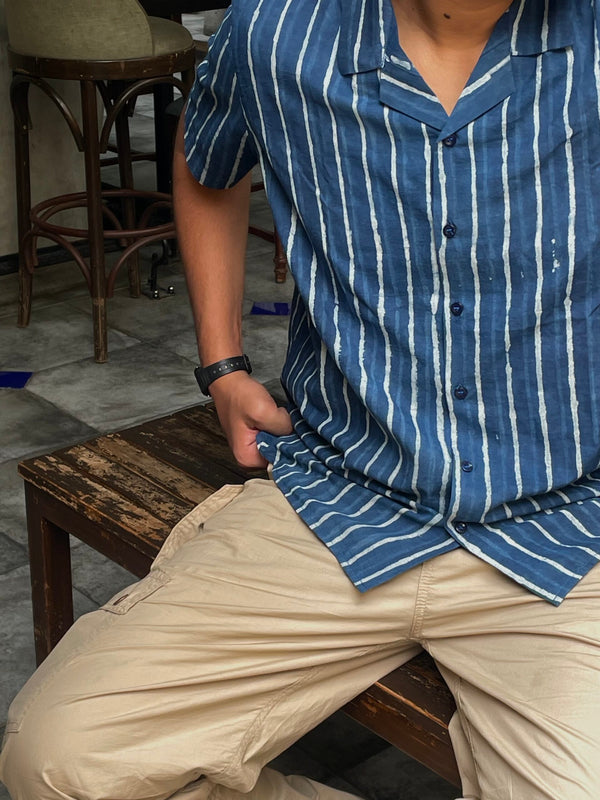 Classic Indigo Striped Handblock Printed Shirt