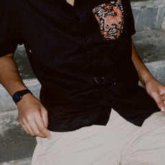 Cuban Collar Black Shirt with Handblock Printed Pocket