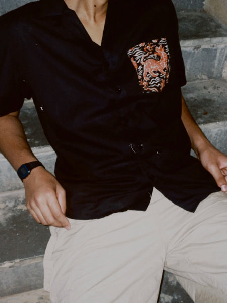 Cuban Collar Black Shirt with Handblock Printed Pocket
