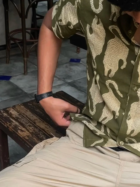 Olive Green Tiger Motif Handblock Printed Shirt
