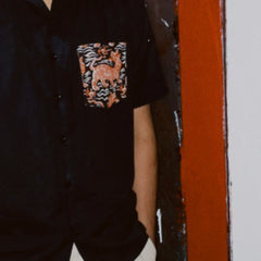Cuban Collar Black Shirt with Handblock Printed Pocket